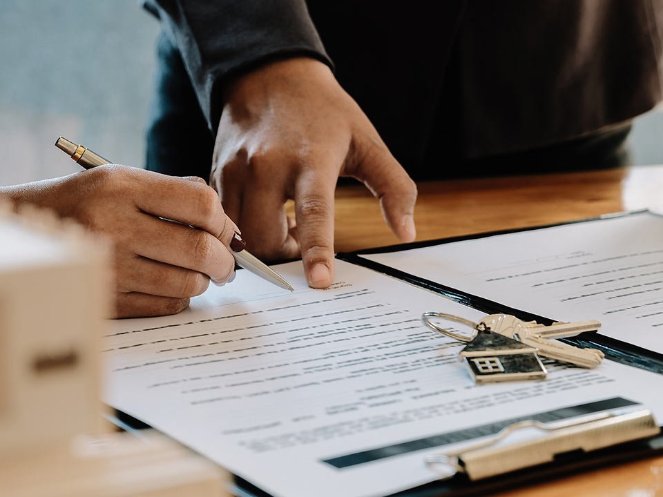 Real estate agent offer hand for customer sign agreement contract signature for buy or sell house.